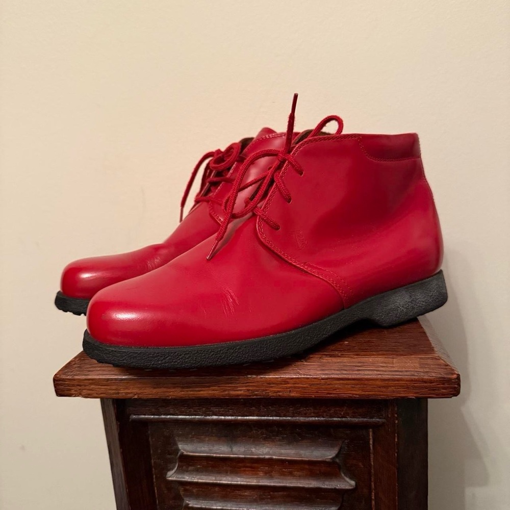 Tod’s Red Pellame Patent Leather Chukka Ankle Boots